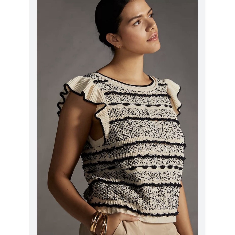Anthropologie Pilcro Knit Ruffle‎ Tank Sweater Size Medium Black White Cream